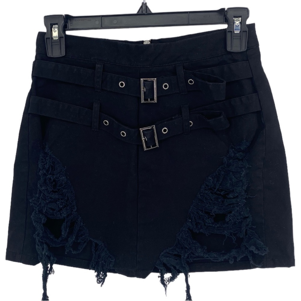 Carmar LA Skirt US 8 Black Mini Deconstructed Raw Hem Back Zipper Double Belt